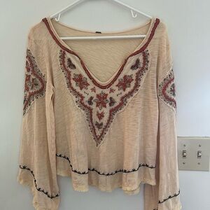 Free People Cream and Orange Embroidered Bell Sleeve Tunic